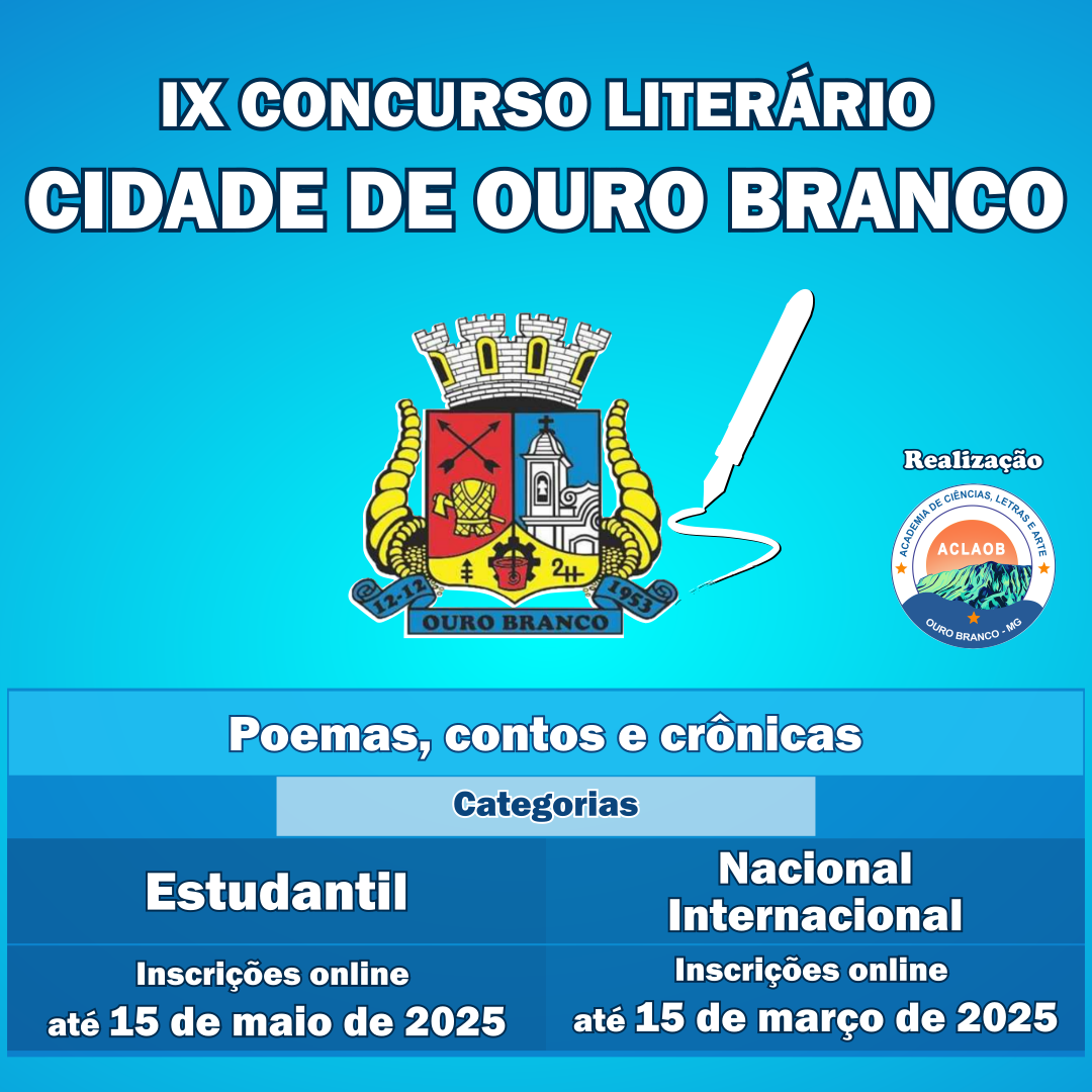 EDITAL - CATEGORIAS NACIONAL E INTERNACIONAL - IX CONCURSO LITERÁRIO "CIDADE DE OURO BRANCO" banner ixclcob